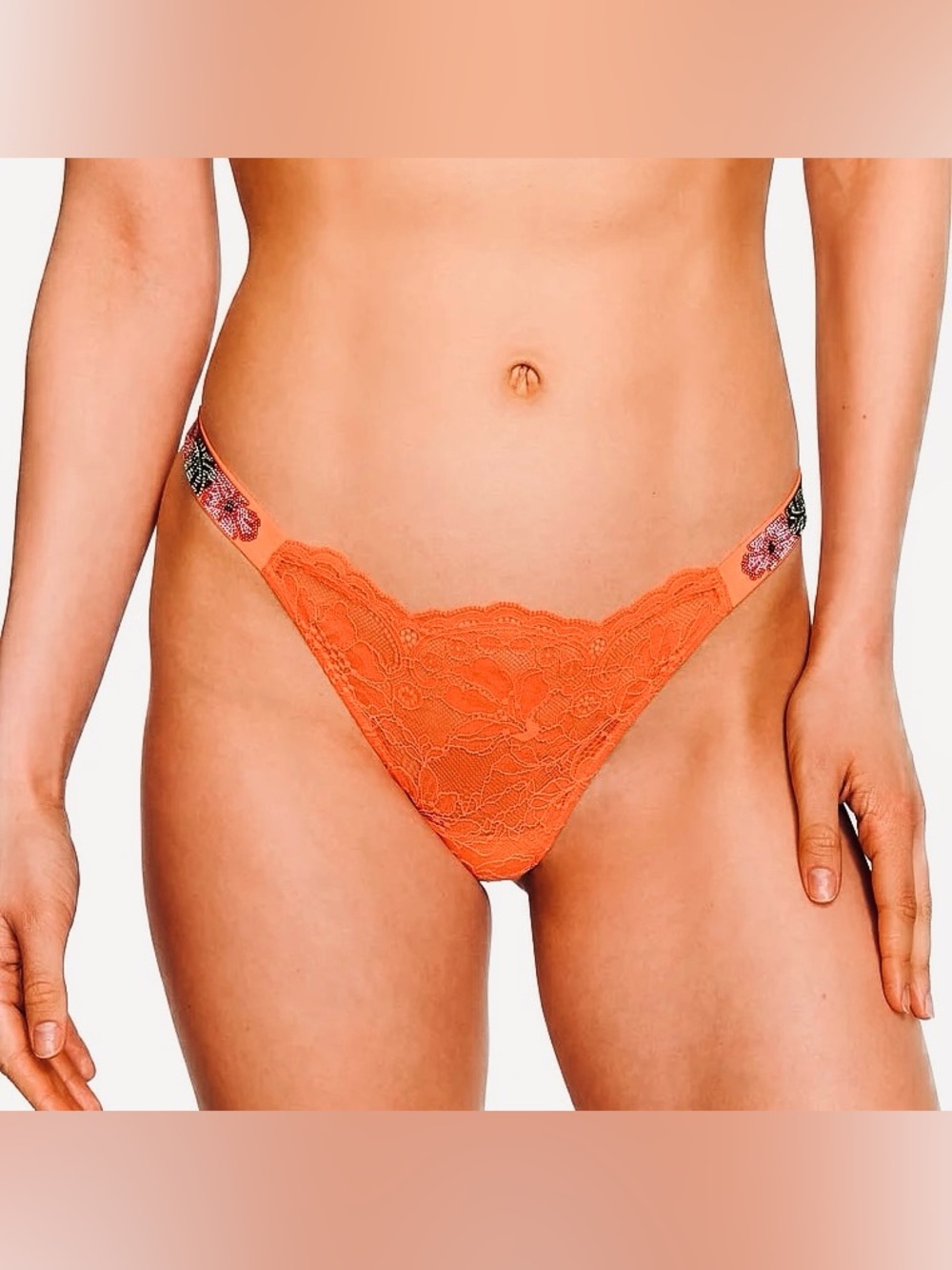 Victoria’s Secret VERY SEXY Tropical Hibiscus Shine Strap Thong Orange L